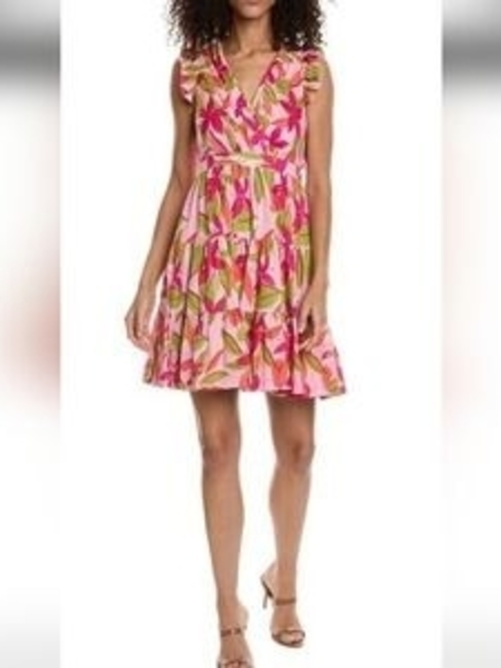 Taylor Pink Green Orange Floral Fit & Flare Knee Length Dress V-Neck, LARGE